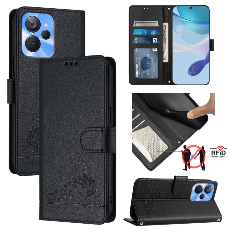 Black RFID leather phone case with embossed cat-and-rat pattern and lanyard strap