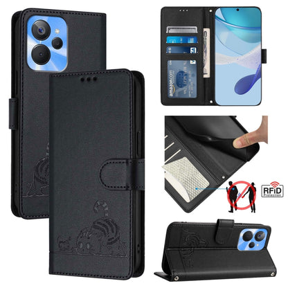 Black RFID leather phone case with embossed cat-and-rat pattern and lanyard strap
