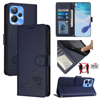 Dark blue RFID leather phone case with embossed cat-and-rat pattern and lanyard strap