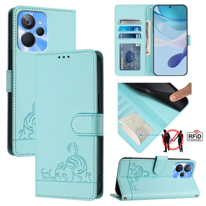 Mint blue RFID leather phone case with lanyard, cat-and-rat embossed wallet cover