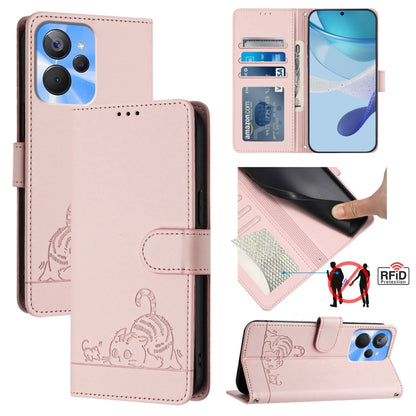 Pink RFID leather phone case with lanyard, cat-and-rat embossed wallet cover