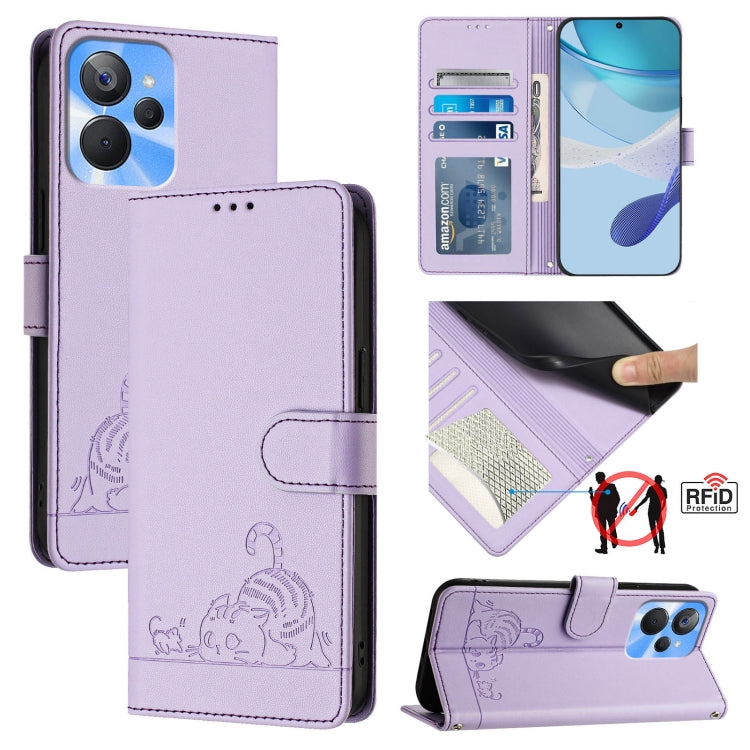 Purple RFID leather phone case with lanyard, cat-and-rat embossed wallet cover