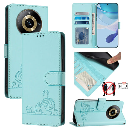 Cat-and-rat RFID leather wallet phone case with lanyard, light mint, embossed pattern