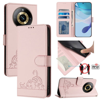 Cat-and-rat RFID leather wallet phone case with lanyard, blush pink, embossed pattern