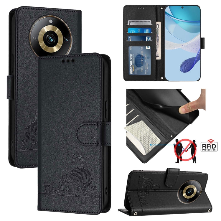 Cat-and-rat RFID leather wallet phone case with lanyard, black, embossed cat-and-rat pattern