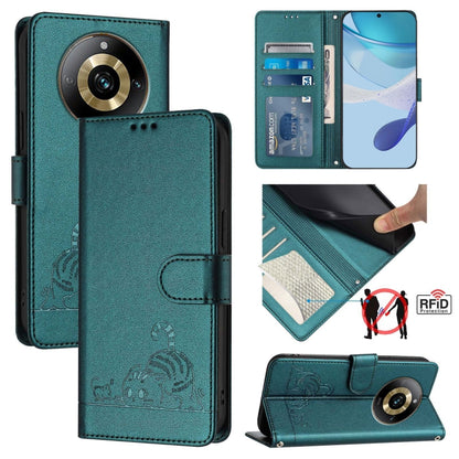 Cat-and-rat RFID leather wallet phone case with lanyard, teal, embossed pattern