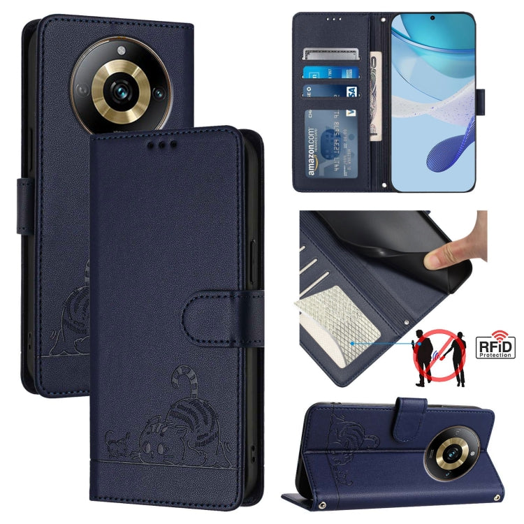 Cat-and-rat RFID leather wallet phone case with lanyard, deep blue, embossed cat-and-rat