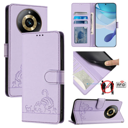 Cat-and-rat RFID leather wallet phone case with lanyard, lavender, embossed pattern