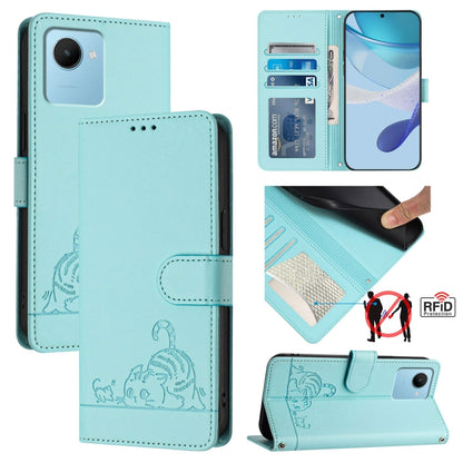 RFID leather wallet phone case with embossed cat-rat pattern, mint teal, card slot and stand
