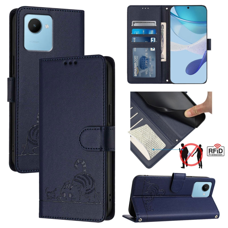 RFID leather phone case with lanyard, navy embossed cat-and-rat pattern, flip cover
