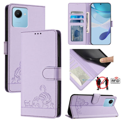 RFID leather phone case with lanyard, lavender embossed cat-and-rat pattern, flip cover