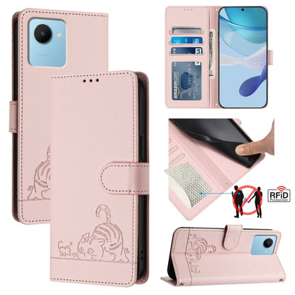 RFID leather phone case with lanyard, light pink embossed cat-and-rat pattern, RFID slot
