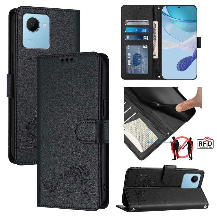 RFID leather phone case with lanyard, black embossed cat-and-rat pattern, RFID slot