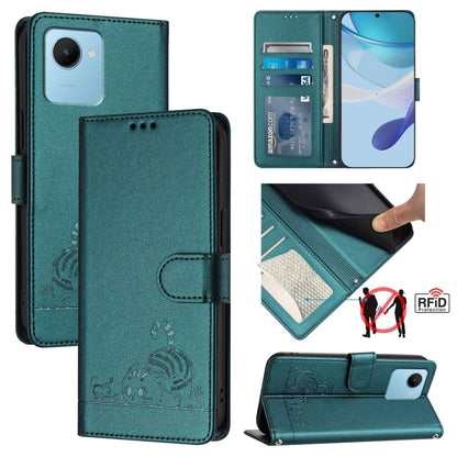 RFID leather phone case with lanyard, teal embossed cat-and-rat pattern, RFID slot