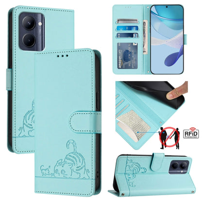 RFID leather phone case with lanyard, embossed cat rat pattern, turquoise teal