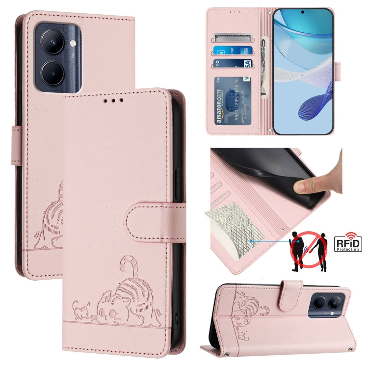 Cat-embossed RFID leather phone case with card slots, pink flip cover