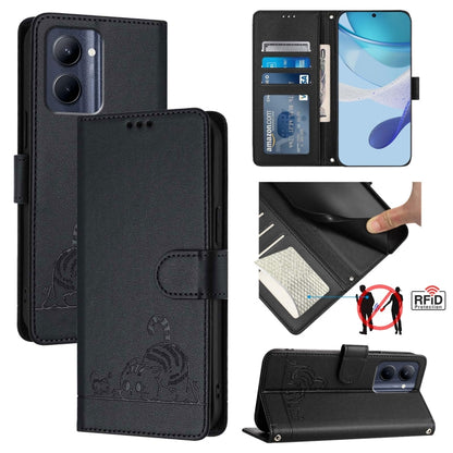 Cat-embossed RFID leather phone case with card slots, black flip cover
