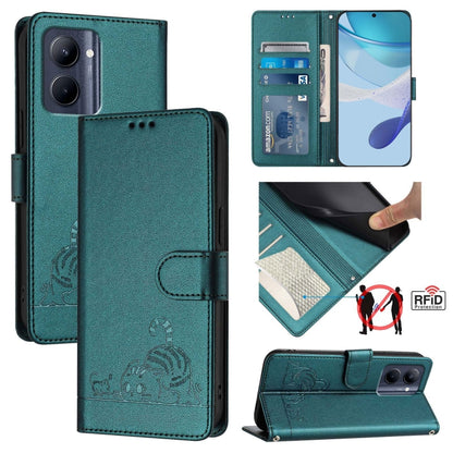 Cat-embossed RFID leather phone case with card slots, teal flip wallet