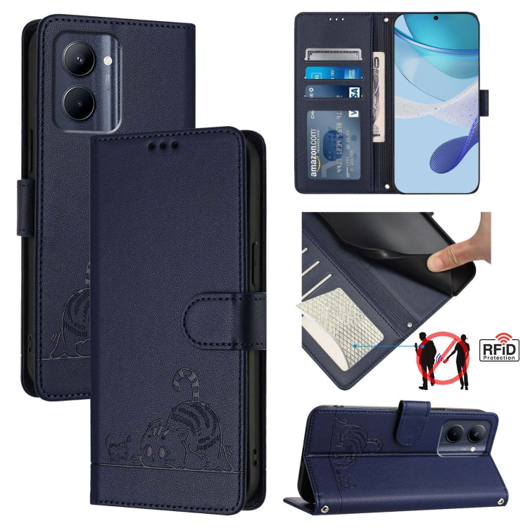 Cat-embossed RFID leather phone case with card slots, dark navy flip wallet