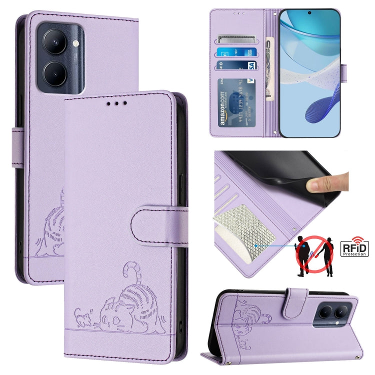 Cat-embossed RFID leather phone case with card slots, lilac flip wallet
