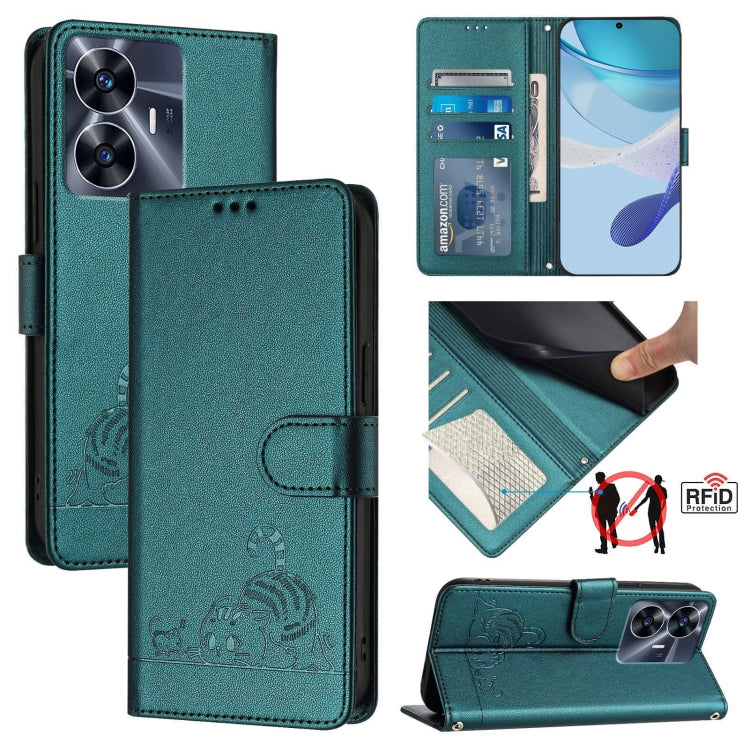 Teal RFID leather phone folio case with cat-rat embossed pattern and card slots