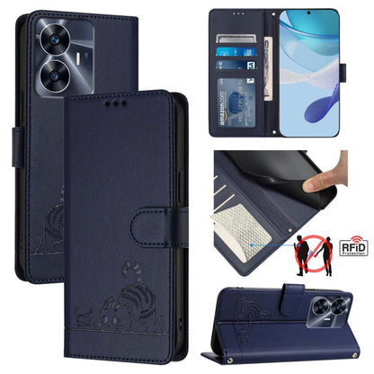 Dark blue RFID leather phone folio case with cat-rat embossed pattern and card holder