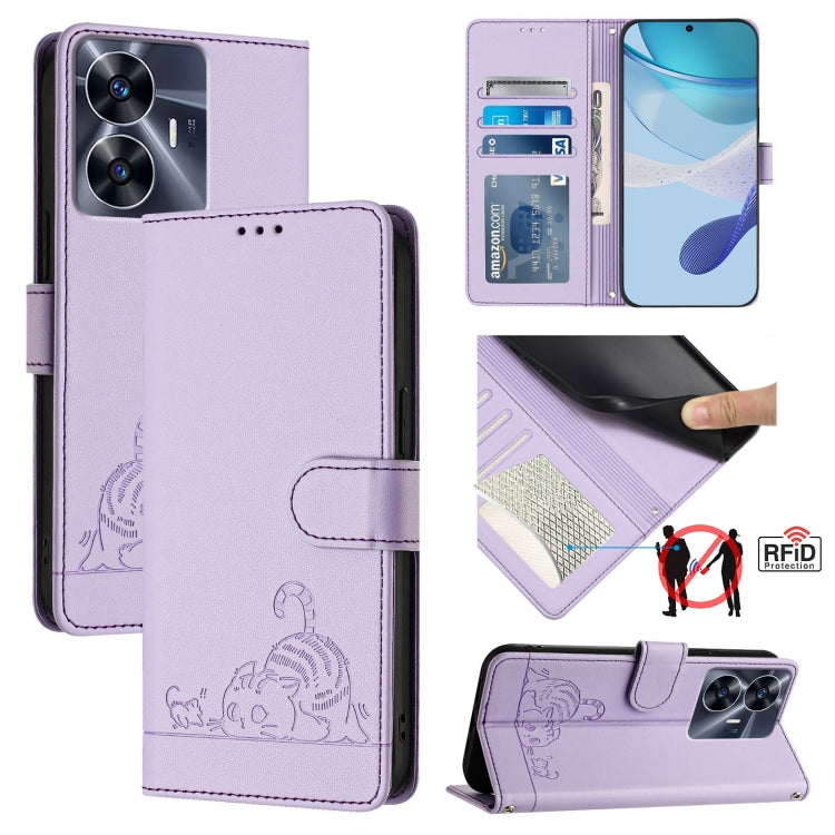 RFID leather phone case with lanyard, embossed cat rat pattern, lavender purple