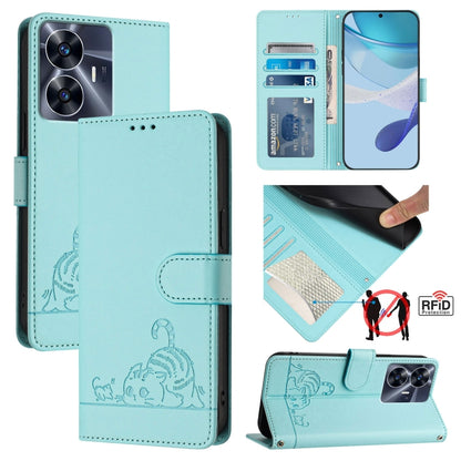 RFID leather phone case with lanyard, embossed cat rat pattern, mint green