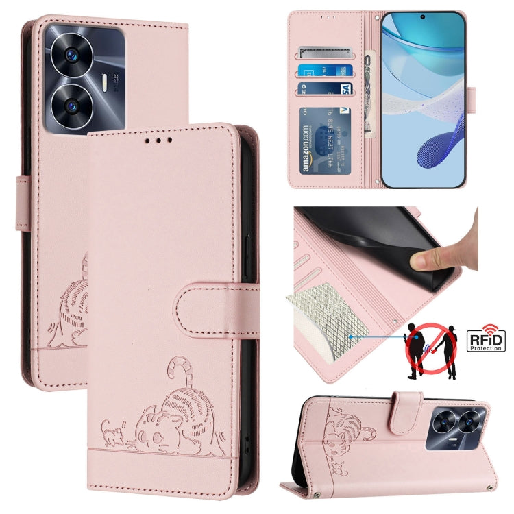RFID leather phone case with lanyard, embossed cat rat pattern, light pink