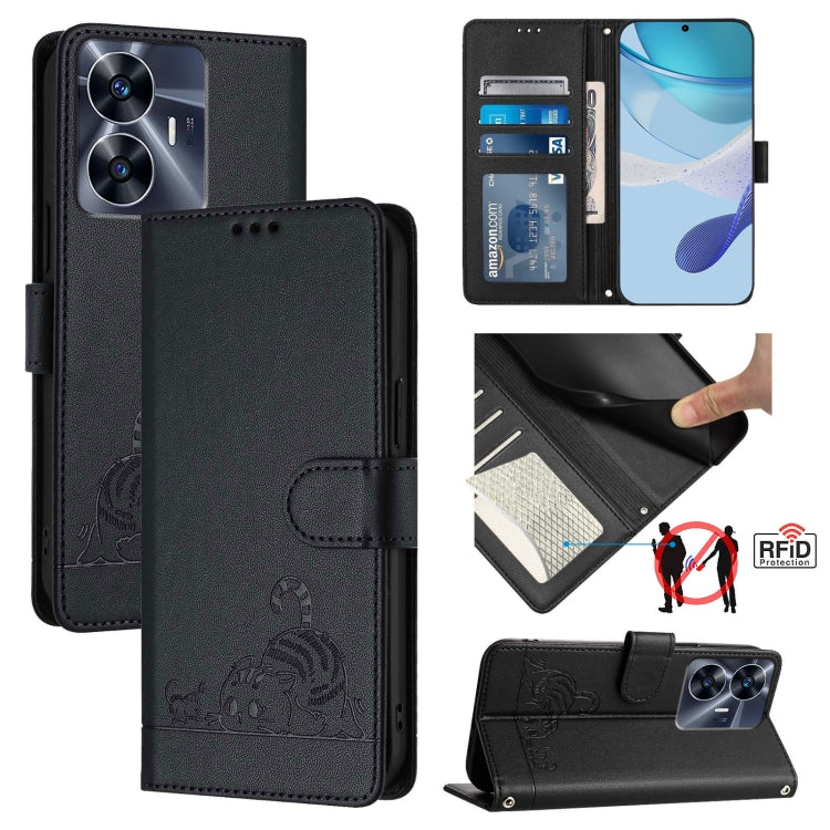 RFID leather phone case with lanyard, embossed cat rat pattern, black