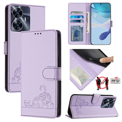 RFID leather phone case with lanyard, embossed cat rat pattern, lavender purple