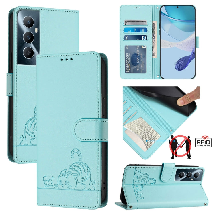 Cat-and-rat RFID leather wallet phone case with lanyard, light aqua, embossed pattern
