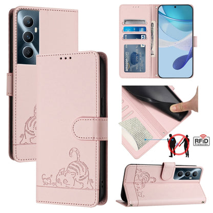 Pink RFID leather phone folio case with cat-rat embossed pattern and card slots