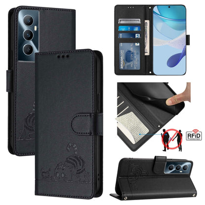 Black RFID leather phone folio case with cat-rat embossed pattern and card holder