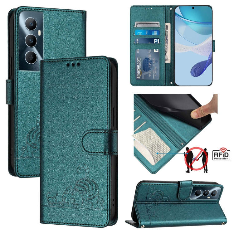 Peacock green RFID leather phone folio case with cat-rat embossed pattern and card slots
