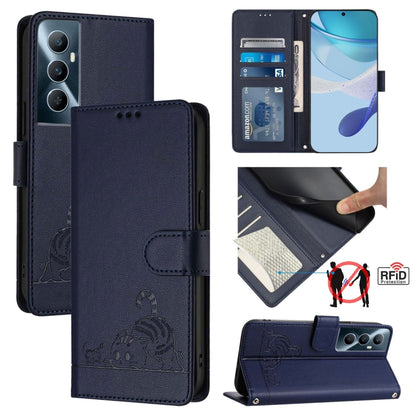 Dark blue RFID leather phone folio case with cat-rat embossed pattern and card holder