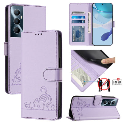 Lavender RFID leather phone folio case with cat-rat embossed pattern and card slots
