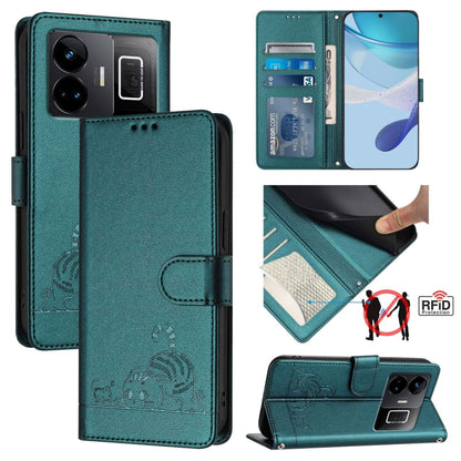 Teal RFID leather phone case with embossed cat-and-rat pattern and lanyard strap