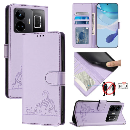 RFID leather phone wallet case in purple with embossed cat-and-rat pattern and card slot