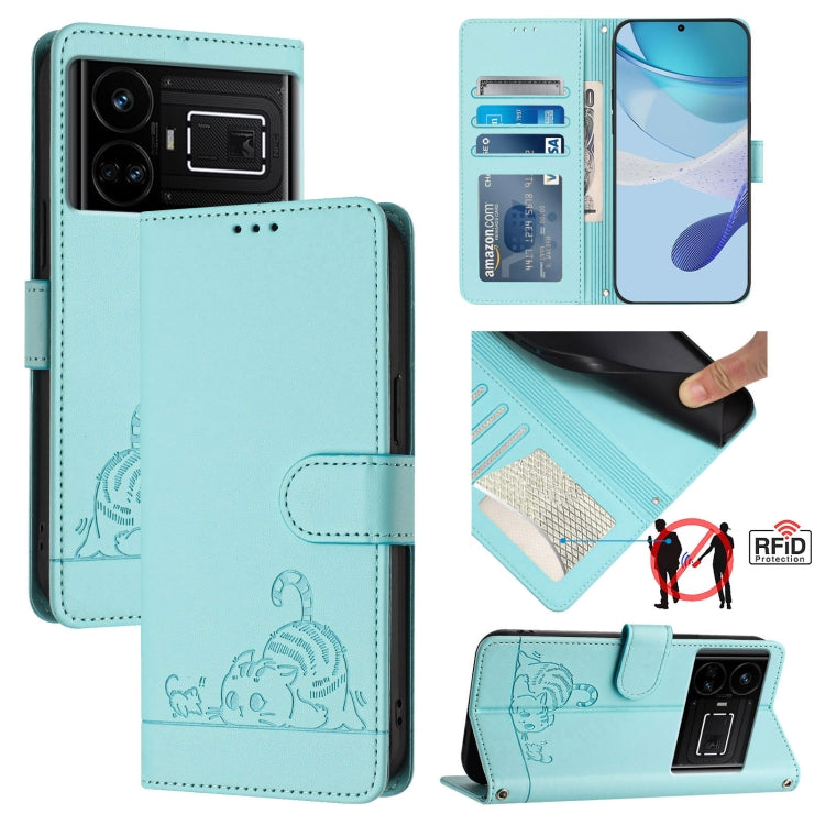 Mint green embossed leather phone case with RFID protection and matching lanyard