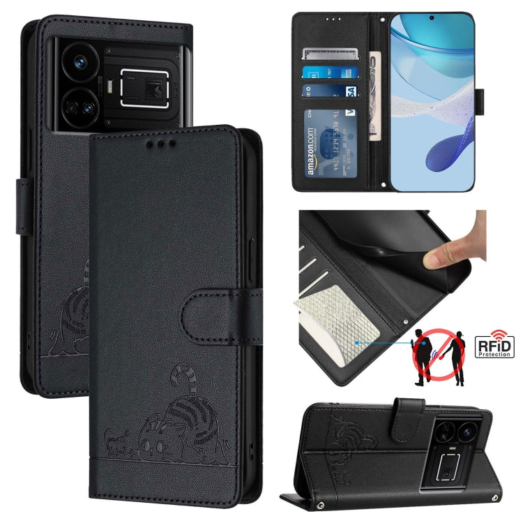 Black leather embossed phone case with RFID protection and lanyard strap