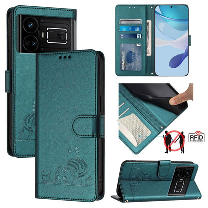 Cat-and-rat RFID leather wallet phone case with lanyard, mint teal, embossed pattern