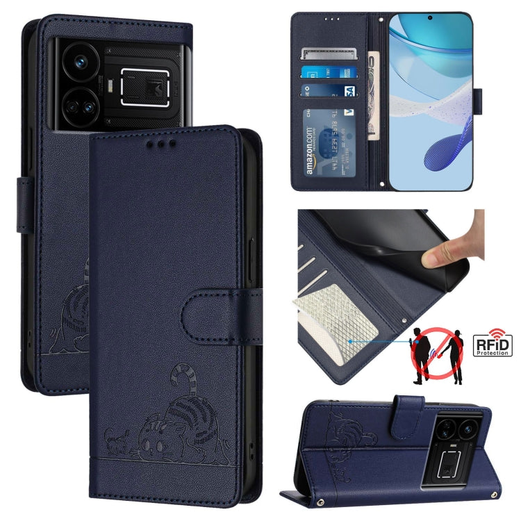 Cat-and-rat RFID leather wallet phone case with lanyard, dark navy, embossed pattern