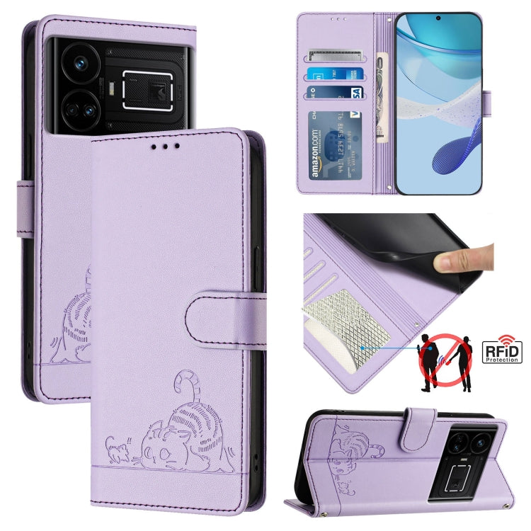 Cat-and-rat RFID leather wallet phone case with lanyard, lavender, embossed pattern