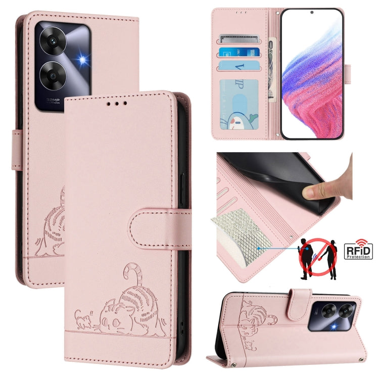 Cat Rat Embossed Pattern RFID Leather Phone Case with Lanyard, For Realme 15 / 15 Pro 5G Global, For Realme C71 4G Global, For Realme Neo7 Turbo 5G, For Realme V70 / 14x Global / C75 5G, For Realme Narzo 80 Pro / 14 Pro 5G India                        ...