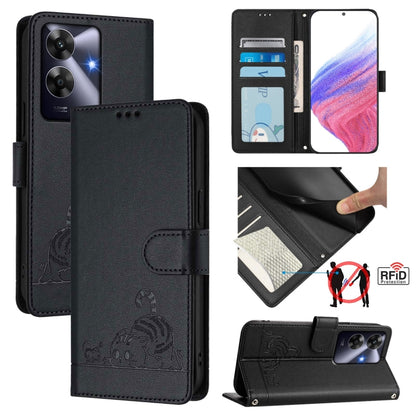 Cat Rat Embossed Pattern RFID Leather Phone Case with Lanyard, For Realme 15 / 15 Pro 5G Global, For Realme C71 4G Global, For Realme Neo7 Turbo 5G, For Realme V70 / 14x Global / C75 5G, For Realme Narzo 80 Pro / 14 Pro 5G India                        ...