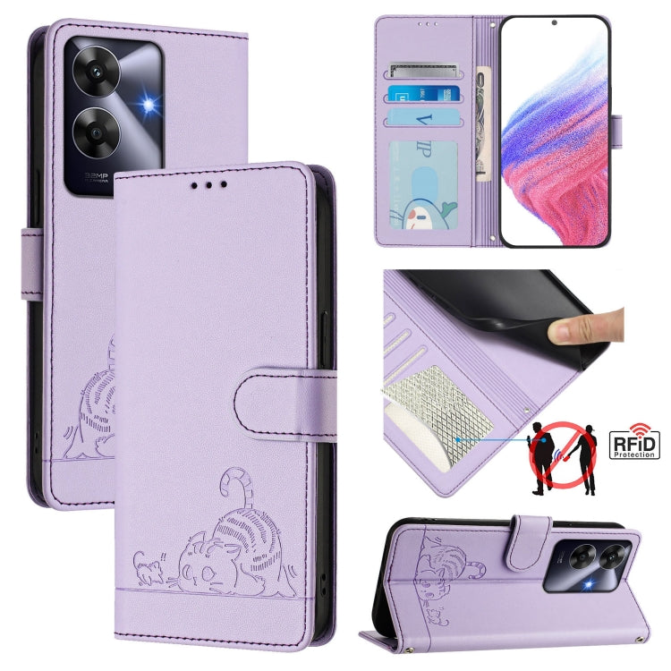 Cat Rat Embossed Pattern RFID Leather Phone Case with Lanyard, For Realme 15 / 15 Pro 5G Global, For Realme C71 4G Global, For Realme Neo7 Turbo 5G, For Realme V70 / 14x Global / C75 5G, For Realme Narzo 80 Pro / 14 Pro 5G India                        ...