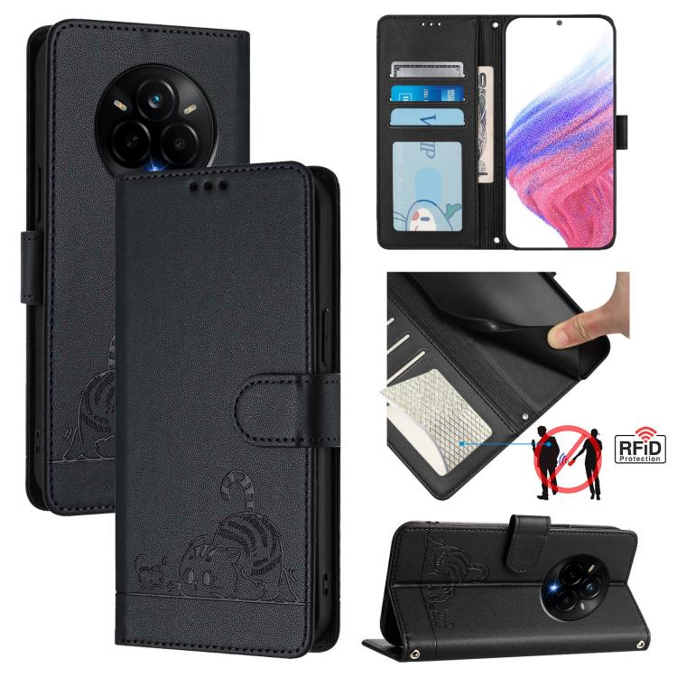 Cat Rat Embossed Pattern RFID Leather Phone Case with Lanyard, For Realme 15 / 15 Pro 5G Global, For Realme C71 4G Global, For Realme Neo7 Turbo 5G, For Realme V70 / 14x Global / C75 5G, For Realme Narzo 80 Pro / 14 Pro 5G India                        ...