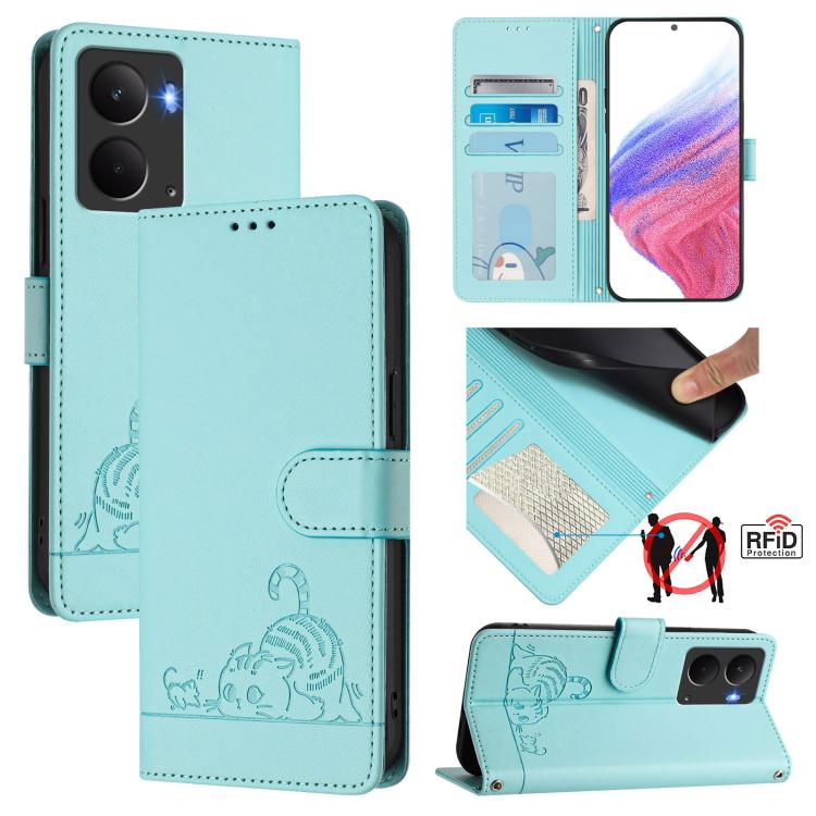 Cat Rat Embossed Pattern RFID Leather Phone Case with Lanyard, For Realme 15 / 15 Pro 5G Global, For Realme C71 4G Global, For Realme Neo7 Turbo 5G, For Realme V70 / 14x Global / C75 5G, For Realme Narzo 80 Pro / 14 Pro 5G India                        ...