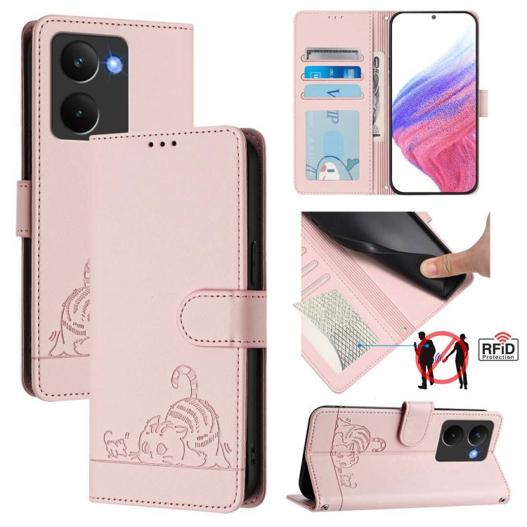 Cat Rat Embossed Pattern RFID Leather Phone Case with Lanyard, For Realme 15 / 15 Pro 5G Global, For Realme C71 4G Global, For Realme Neo7 Turbo 5G, For Realme V70 / 14x Global / C75 5G, For Realme Narzo 80 Pro / 14 Pro 5G India                        ...
